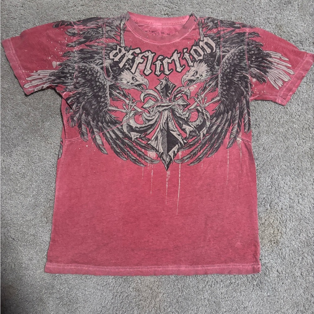 Affliction Men's Distressed Red Tee with Eagle Design